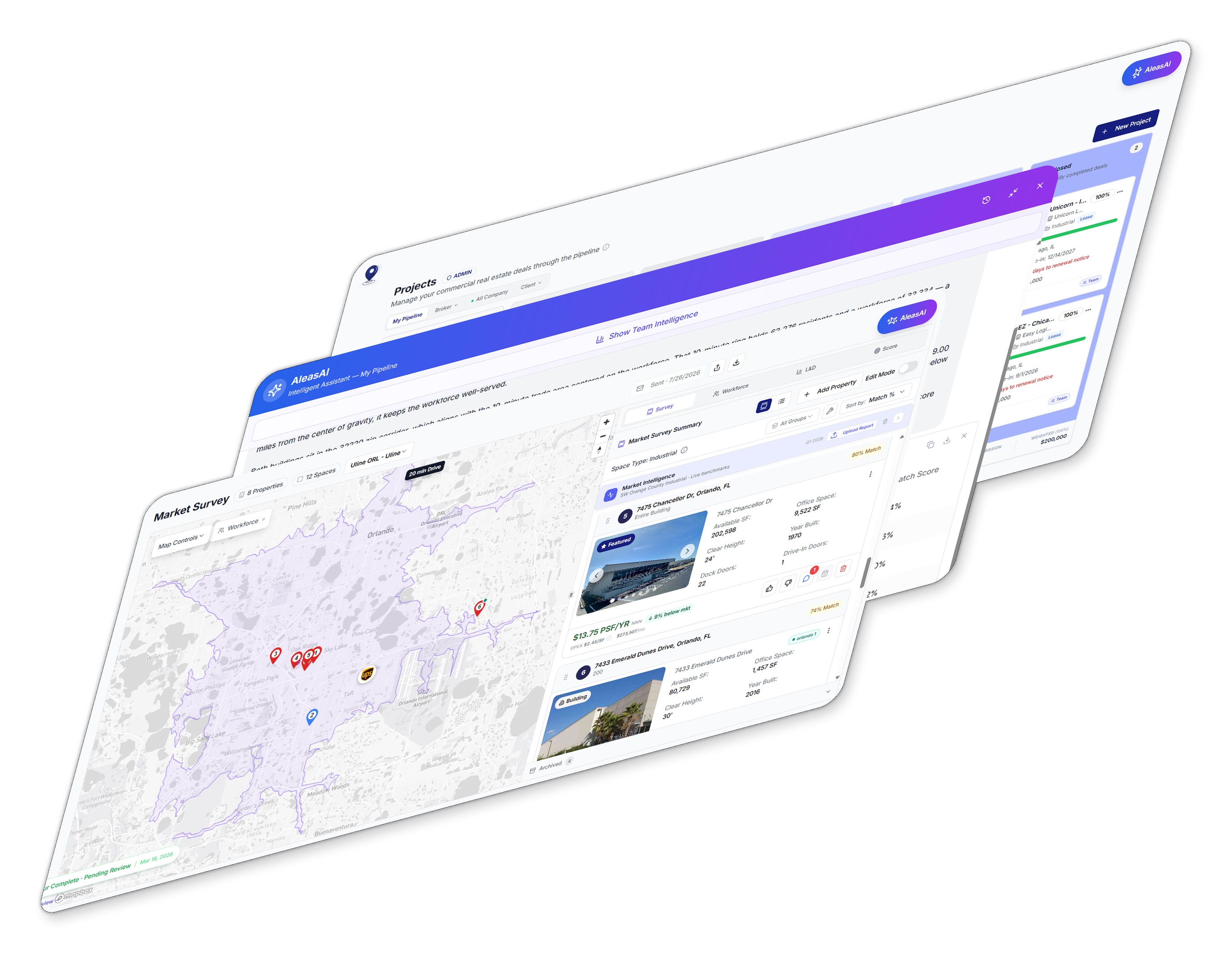 Silect product screens: Projects pipeline, AleasAI intelligence, and Market Survey